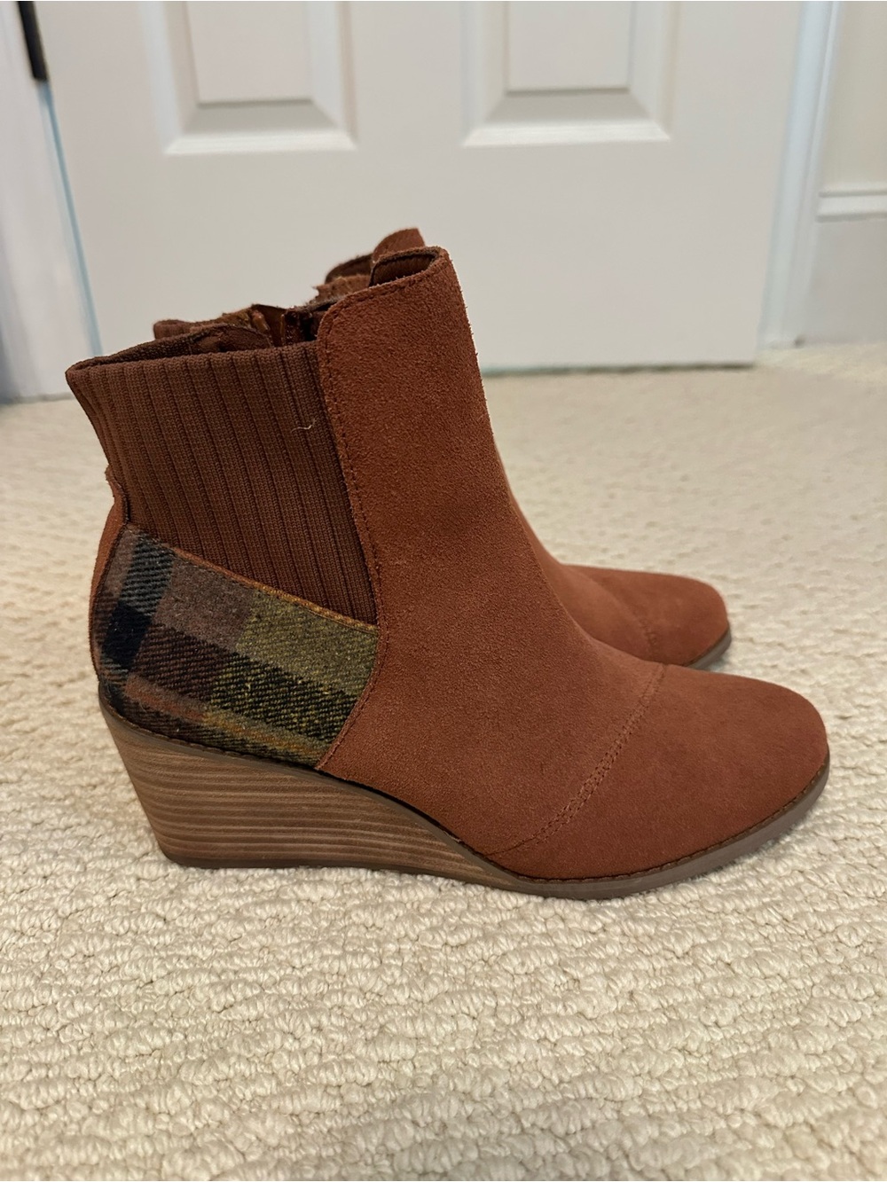 Toms Wedge Ankle Booties in Rust Suede with Plaid Heel Accent